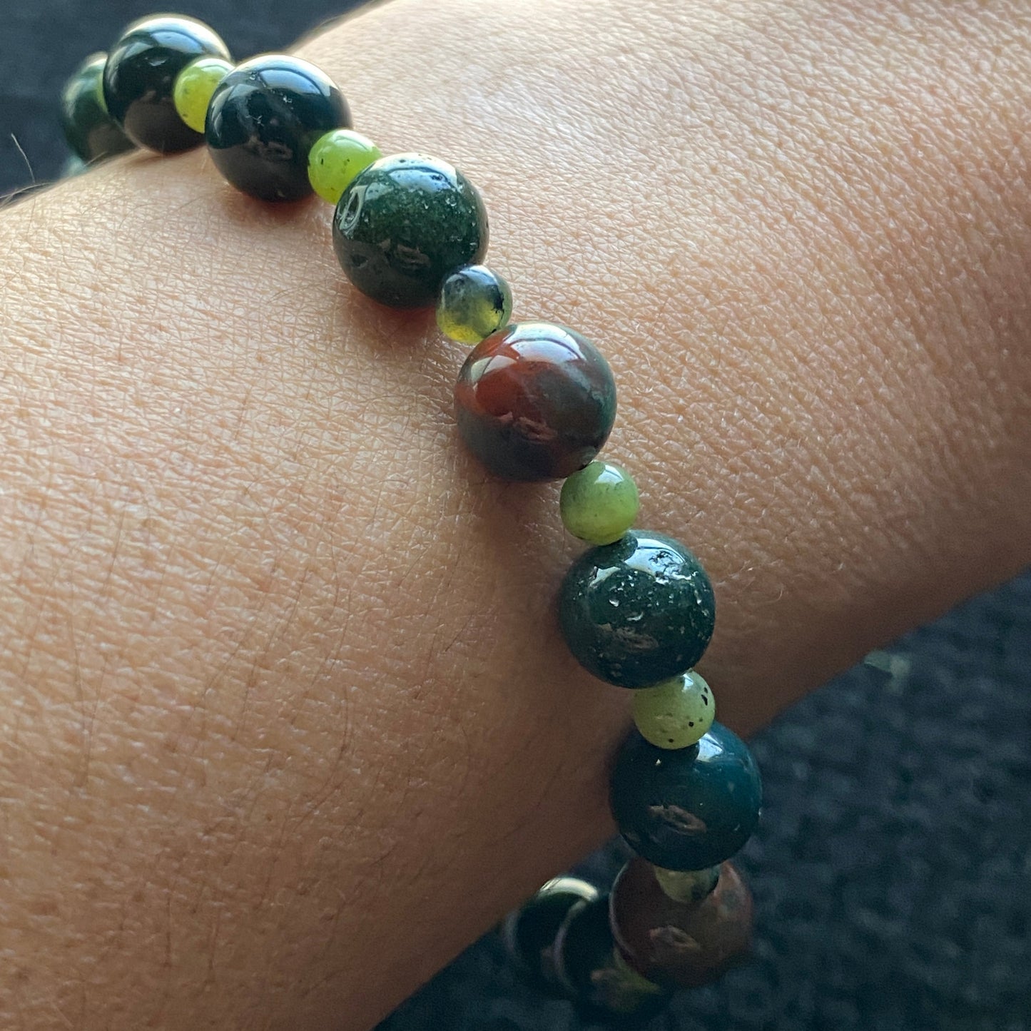 Bloodstone and Canadian Green Jade Gemstone Bracelet (4mm & 8mm)